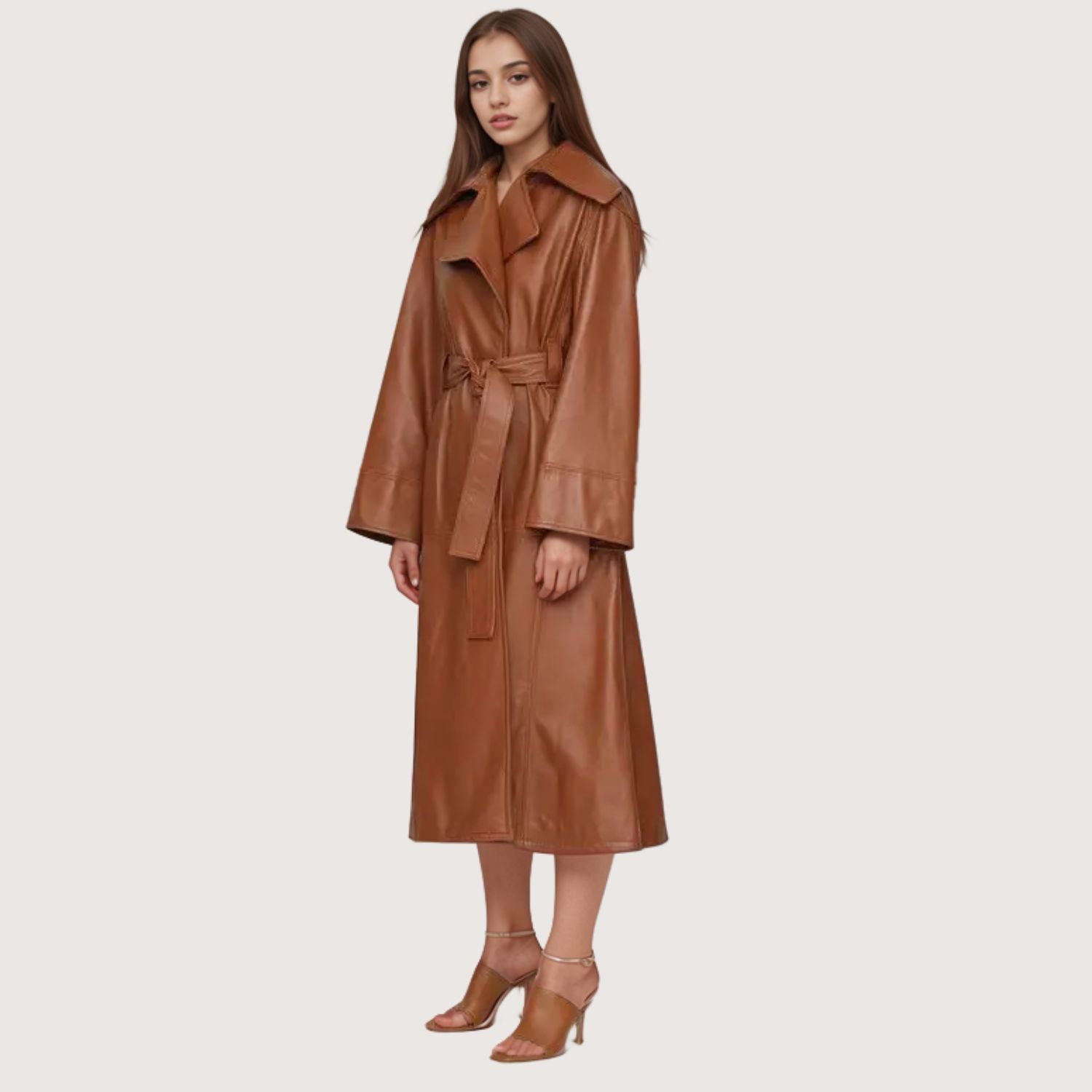 Women's Brown Leather Long Coat 