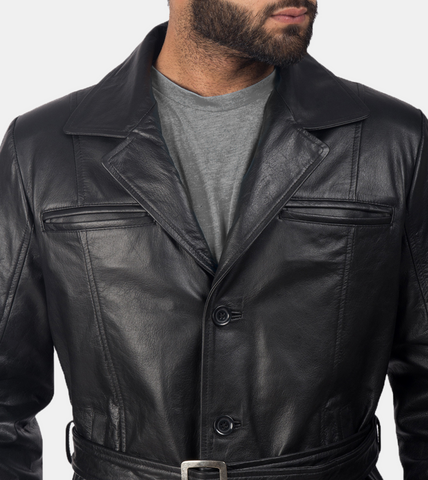 Ledger Black Waxed Leather Coat For Men's