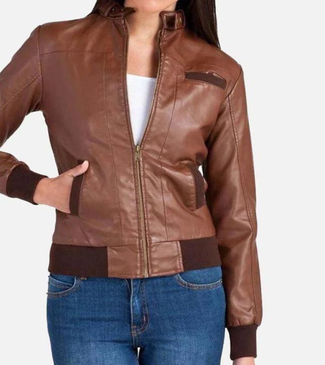  Women’s Leather Bomber Jacket - Brown 