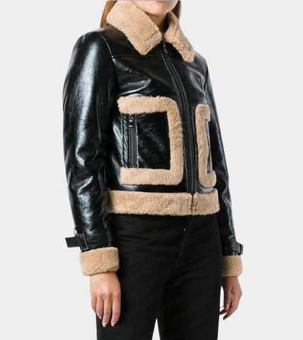 Aviator Black Women's Leather Shearling Jacket