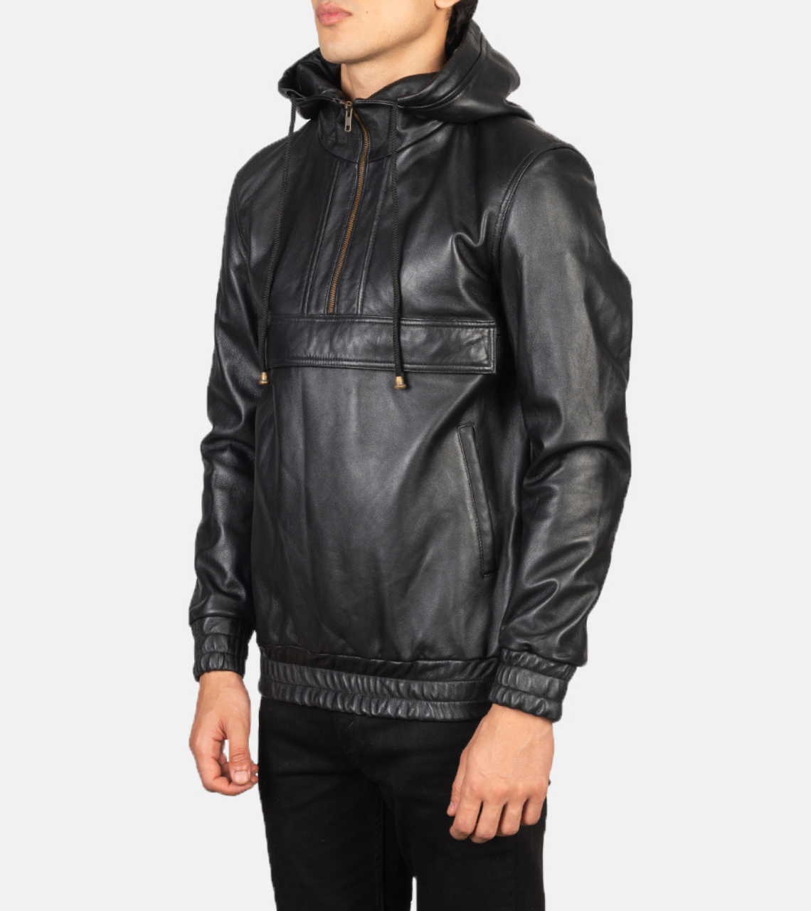 Black Hooded Leather Pullover Jacket