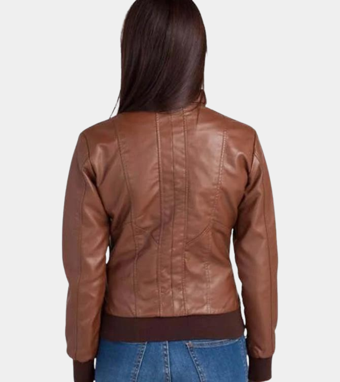  Women’s Leather Bomber Jacket - Brown Back