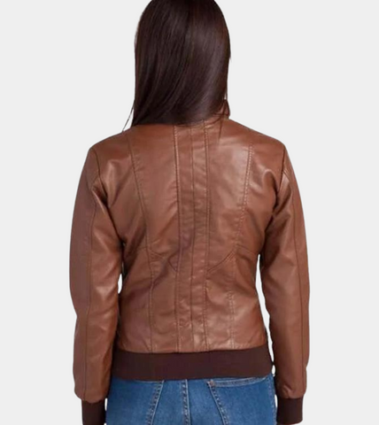  Women’s Leather Bomber Jacket - Brown Back