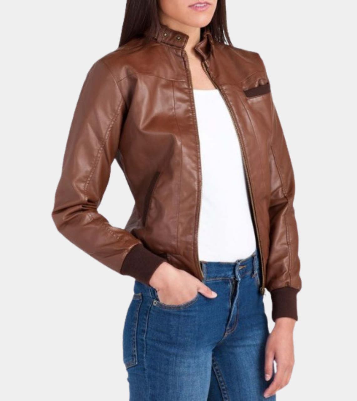 Brown Leather Bomber Jacket For Women's