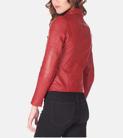 Red Sheepskin Women’s Biker Leather Jacket Back