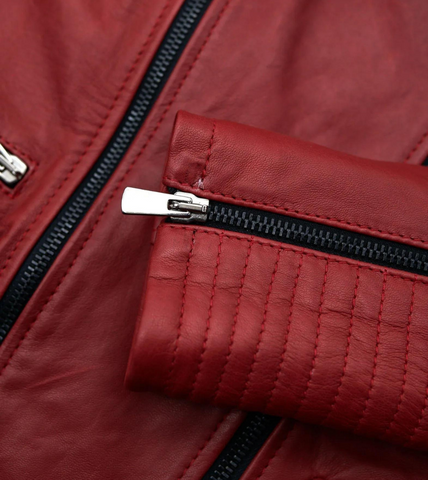 Red Sheepskin Women’s Biker Leather Jacket Cuff