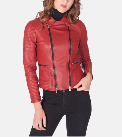 Red Sheepskin Biker Leather Jacket For Women's