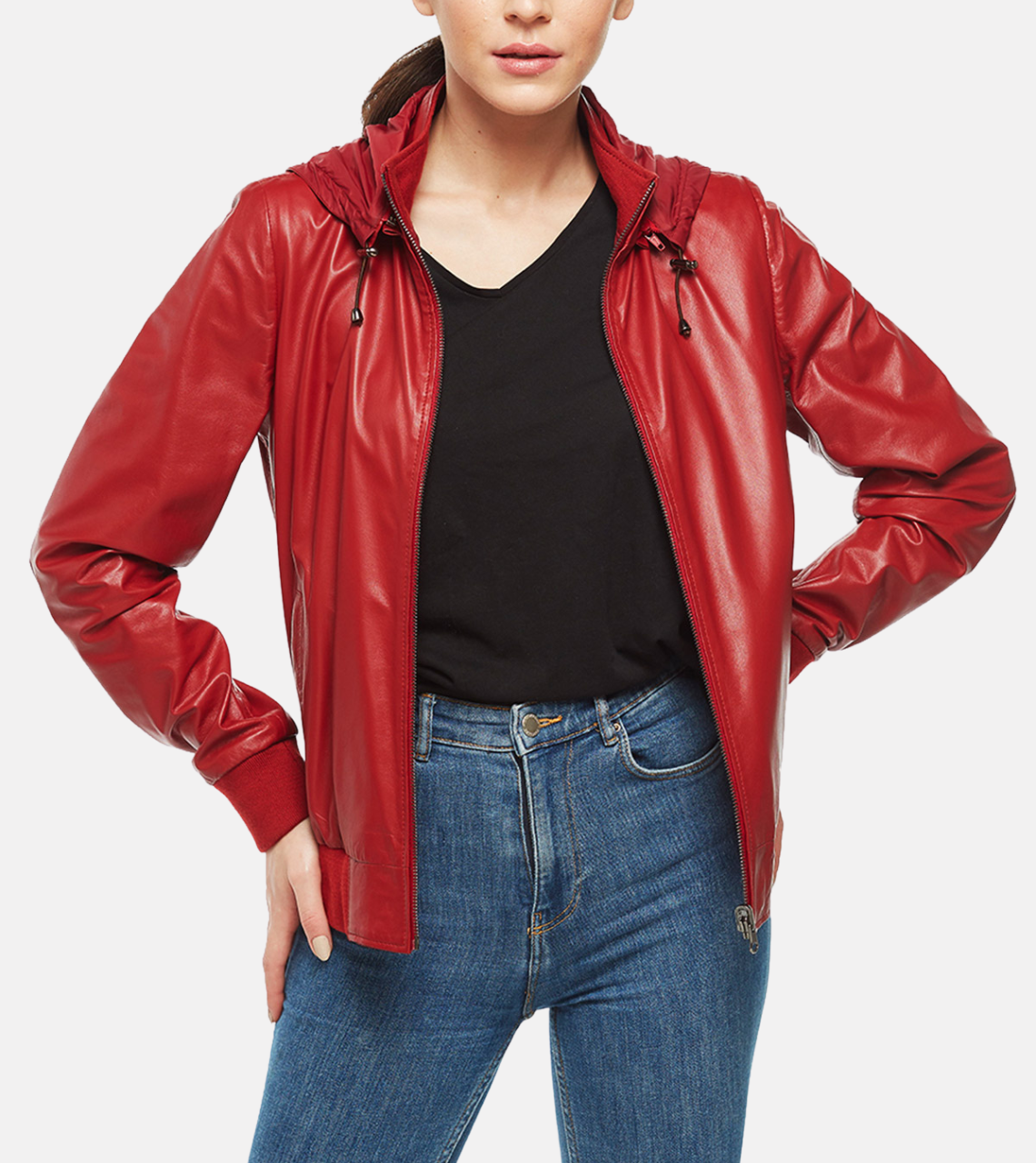 Red Women's Leather Bomber Biker Jacket