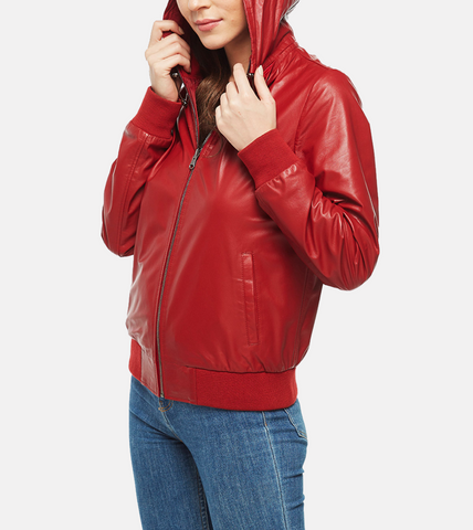 Red Leather Bomber Biker Jacket For Women's