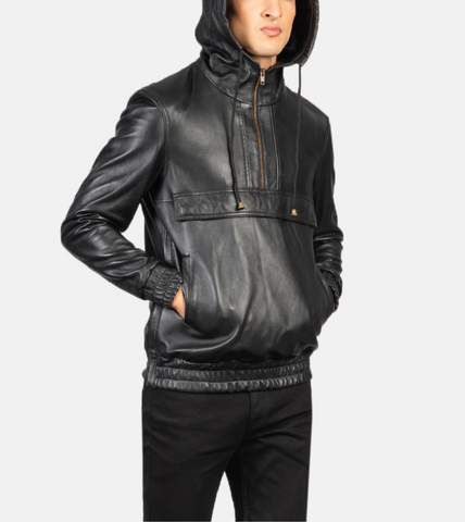 Black Chasity Hooded Leather Pullover Jacket For Men's