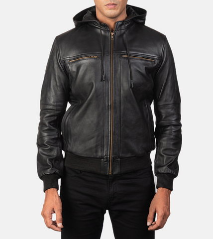 Black Caillou Leather Bomber Jacket For Men's