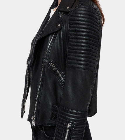 Black Sheepskin Women's Biker Leather Jacket Shoulder