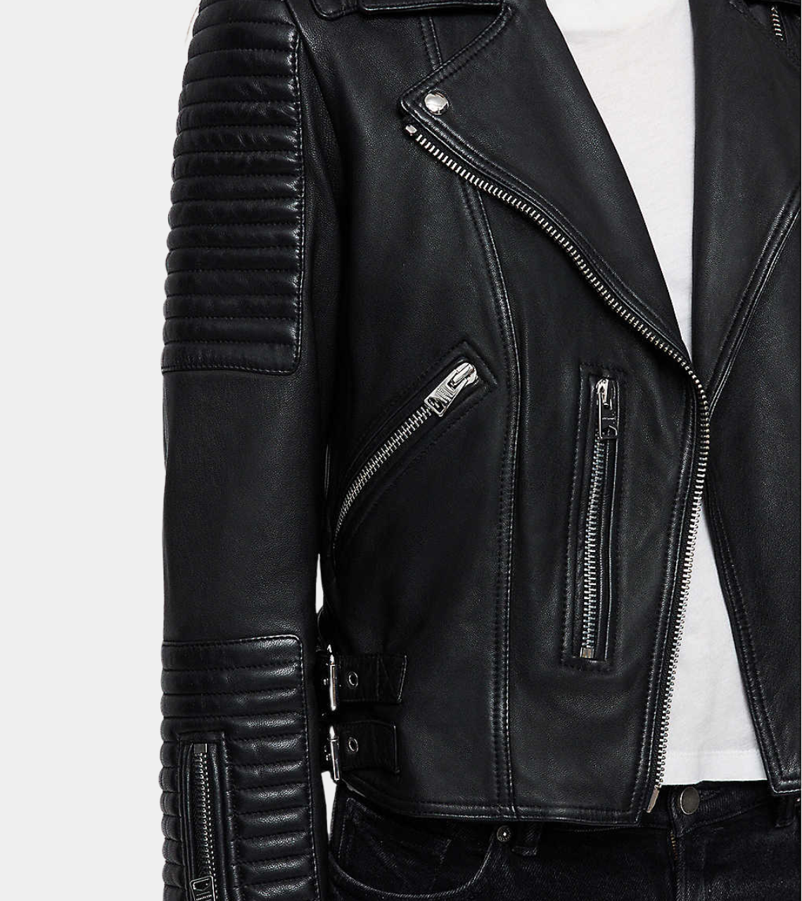 Black Sheepskin Women's Biker Leather Jacket Pocket