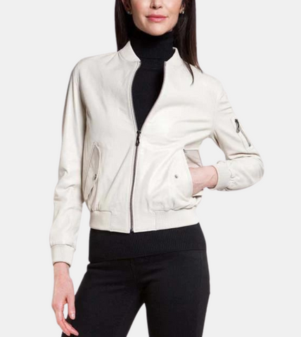 White Women’s Leather Bomber Jacket