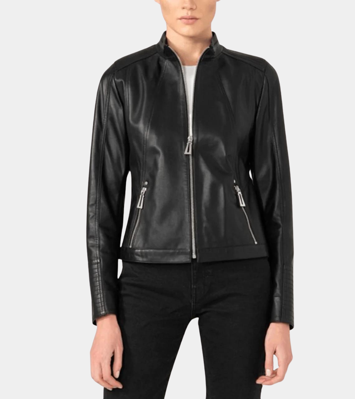 Casual Style Black Biker Leather Jacket For Women's 
