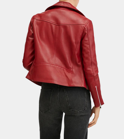  Classy Women's Red Biker Leather Jacket Back