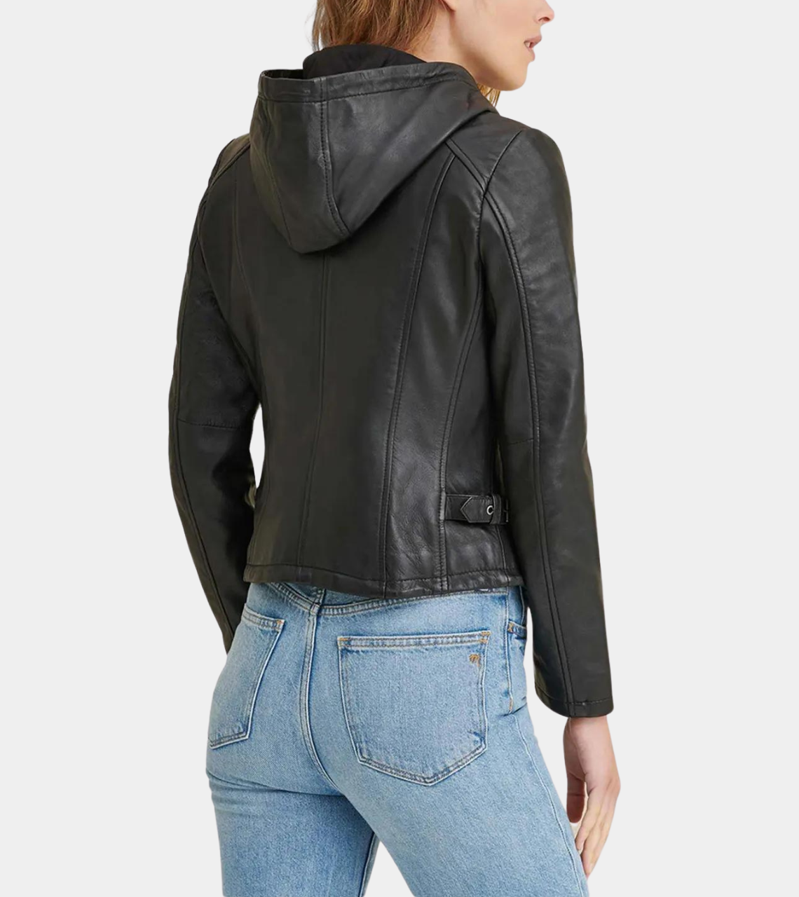 Hooded Black Women’s Biker Leather Jacket Back