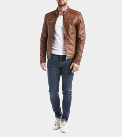 Brownstone Brown Biker Leather Jacket For Men's