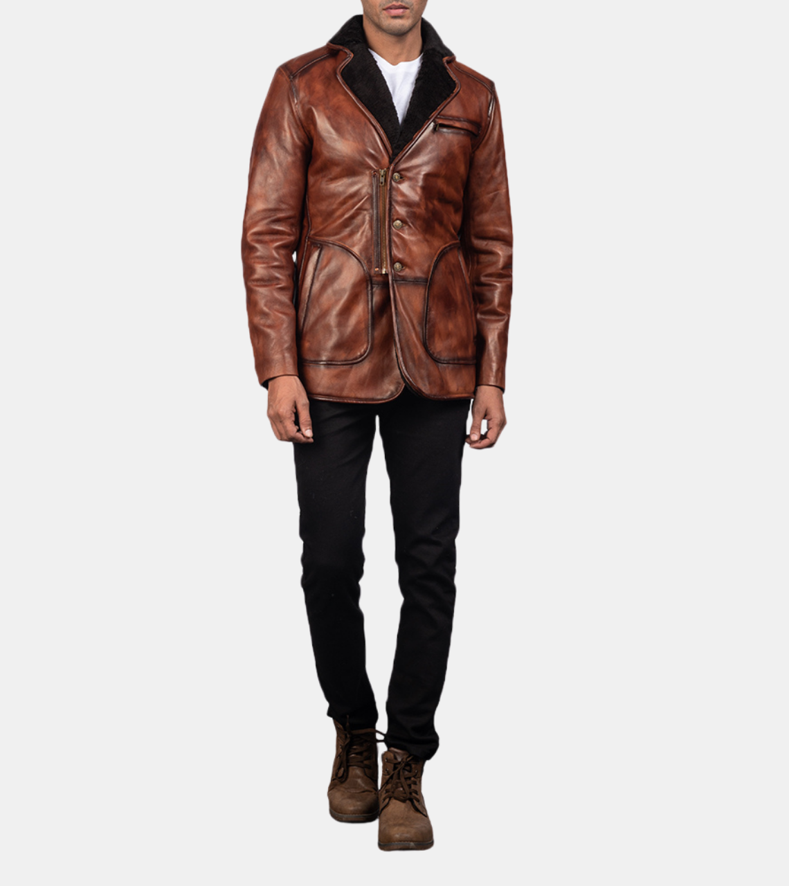 Men's Brown Waxed Sherpa Leather Coat