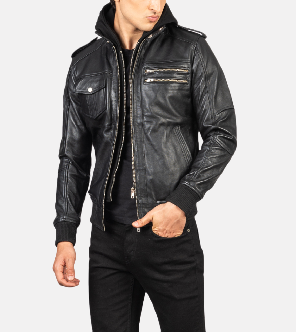 Mitico Black Hooded Men's Leather Bomber Jacket