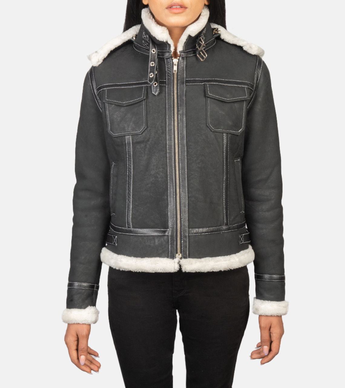 Fiona Black Hooded Shearling Women's Leather Jacket