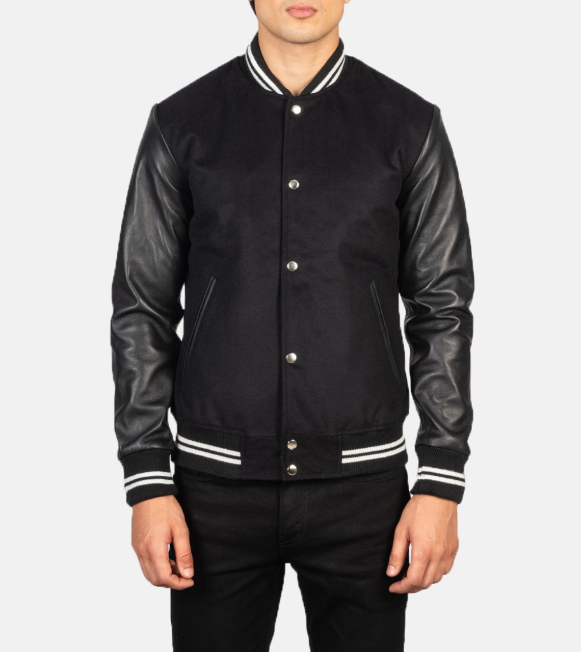 Shane White Stripped Varsity Leather Jacket