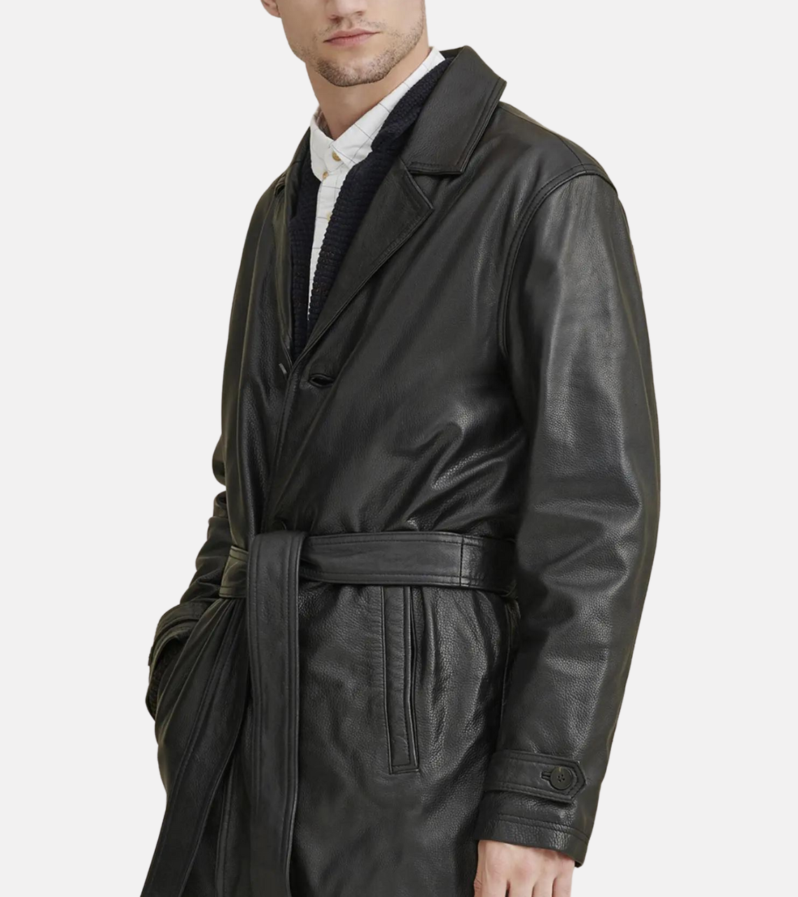 Men's Black Leather Trench Coat 