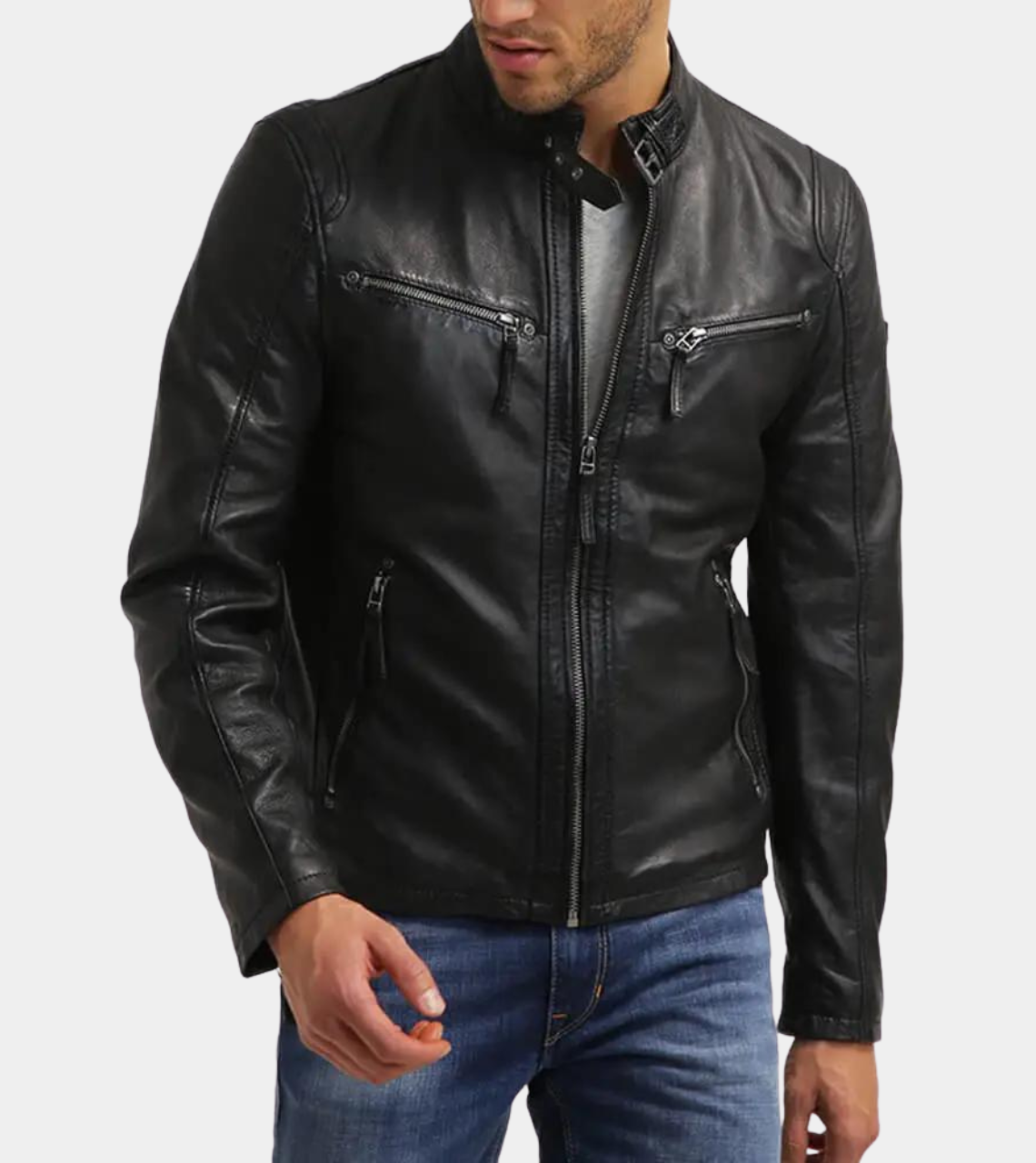 Men's Biker Lambskin Leather Jacket - Black