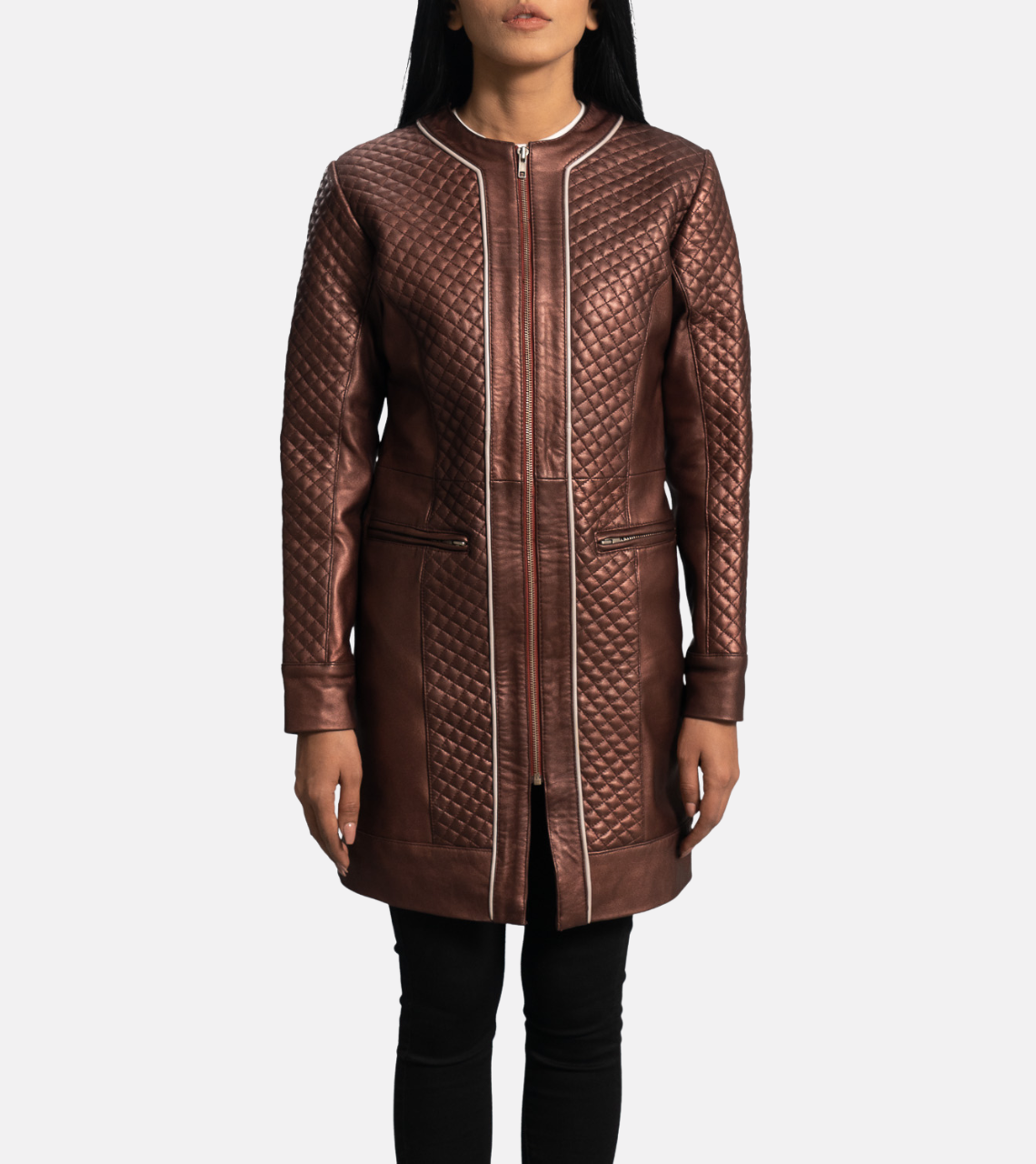 Trudy Lane Quilted Maroon Leather Coat For Women's