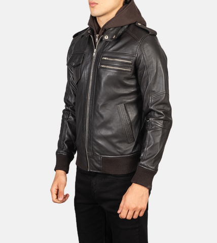Brown Hooded Men's Leather Bomber Jacket