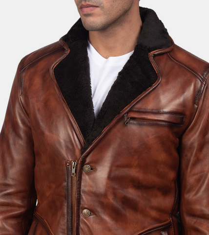  Brown Waxed Sherpa Leather Coat For Men