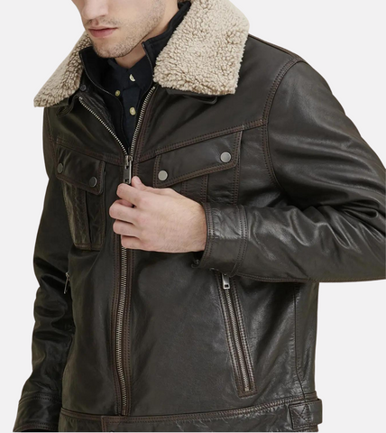 Truker Shearling Collar Men's Leather Jacket
