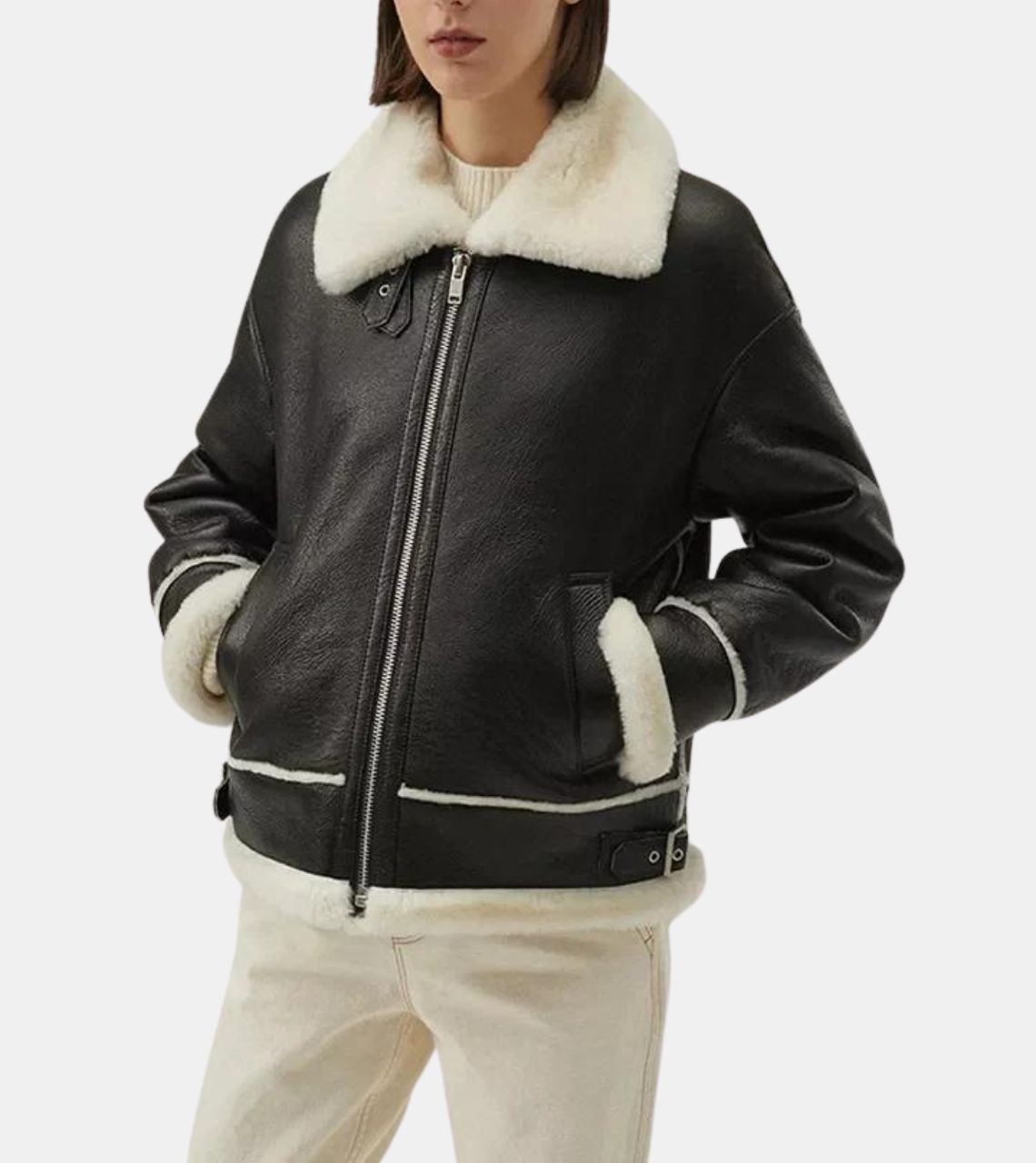 Women White Shearling Collar Leather Jacket