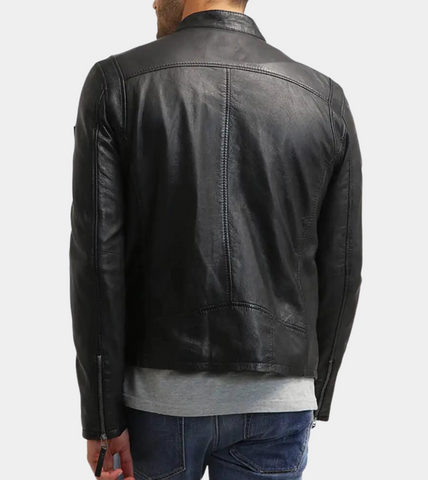 Men's Biker Lambskin Leather Jacket - Back