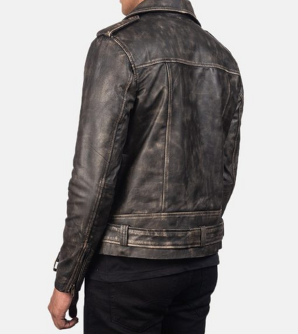 Distressed Leather Biker Jacket Back
