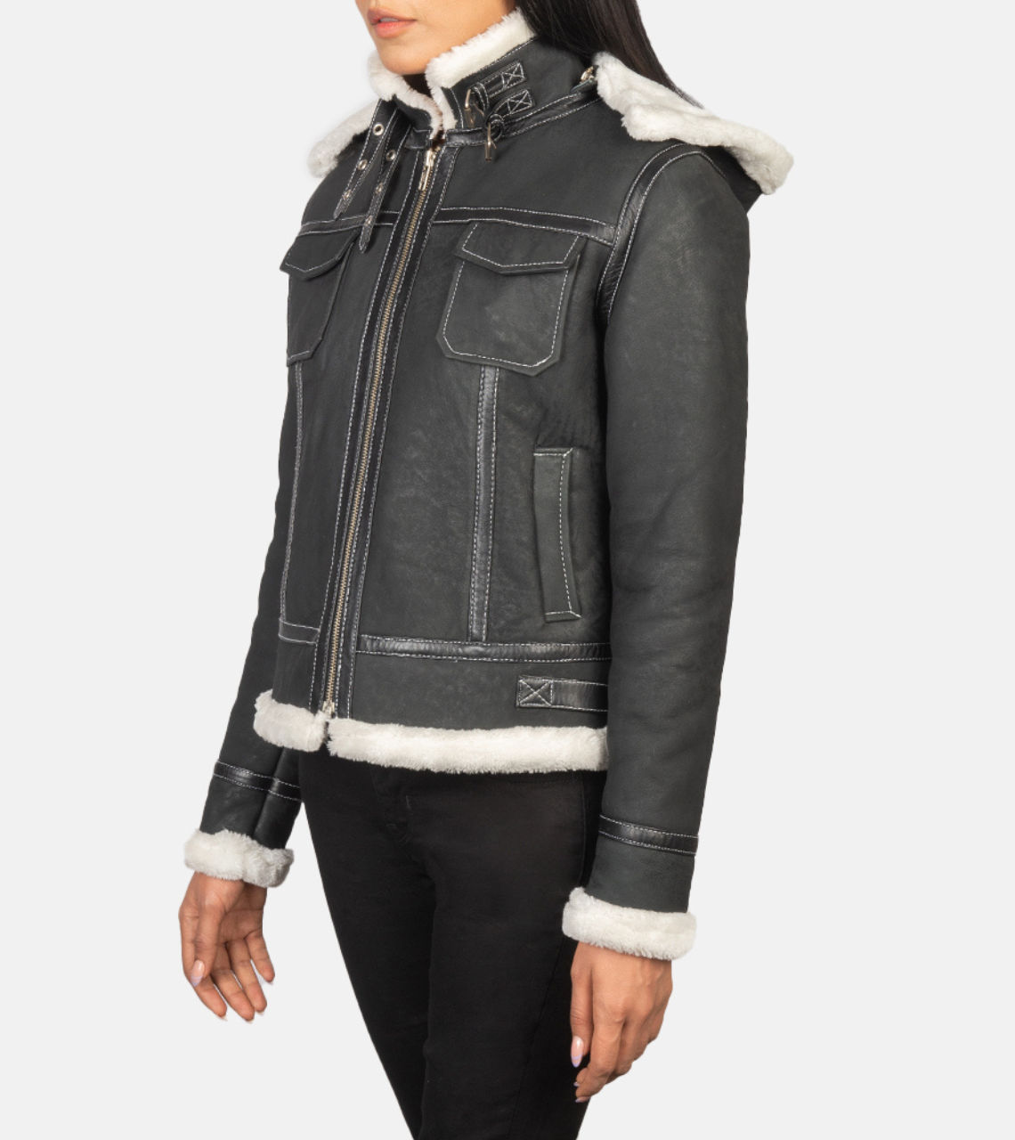  Black Hooded Shearling Women's Leather Jacket