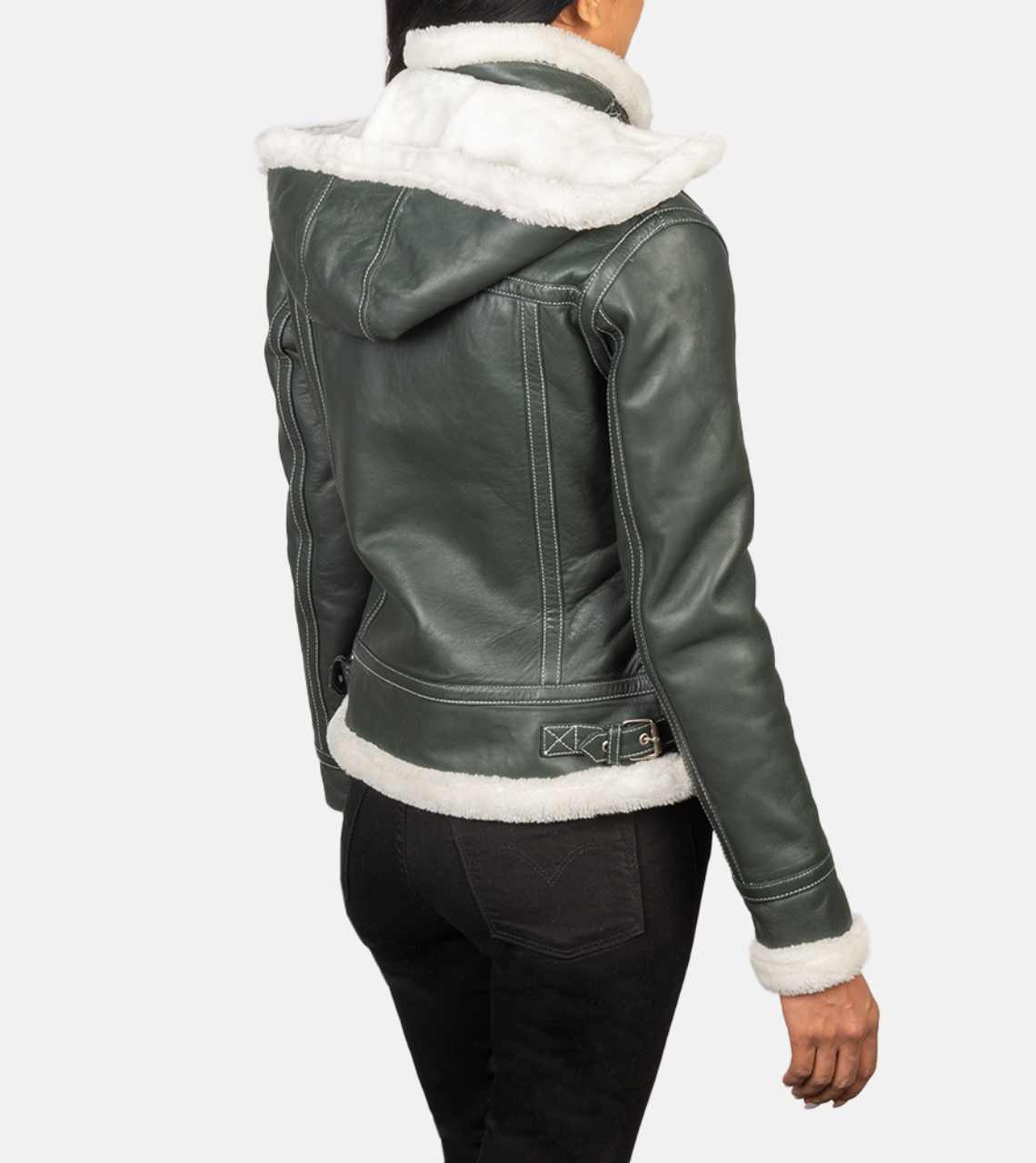 Green Hooded Women's Shearling Leather Jacket Back