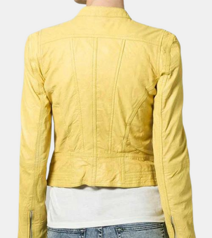 Bonavich Women's Yellow Biker's Leather Jacket Back