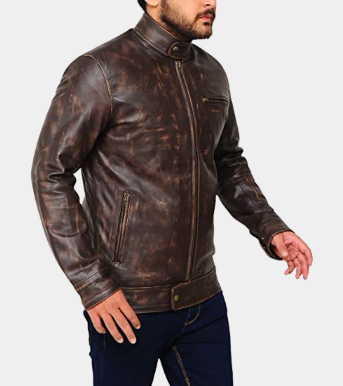 Faded Brown Distressed Leather Jacket For Men's