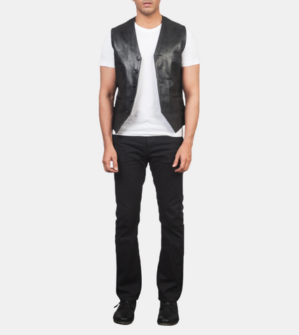  Men's Black Leather Vest 