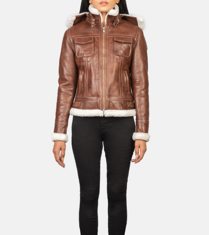 Brown Hooded Shearling Women's Leather Jacket