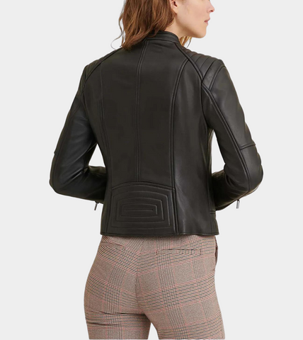 Ban Collar Women’s Leather Jacket Back