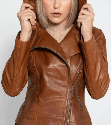 Tan Brown Hooded Women’s Leather Jacket
