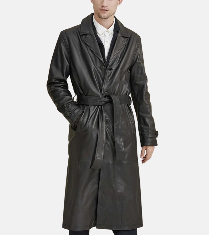  Classico Men's Black Leather Trench Coat 