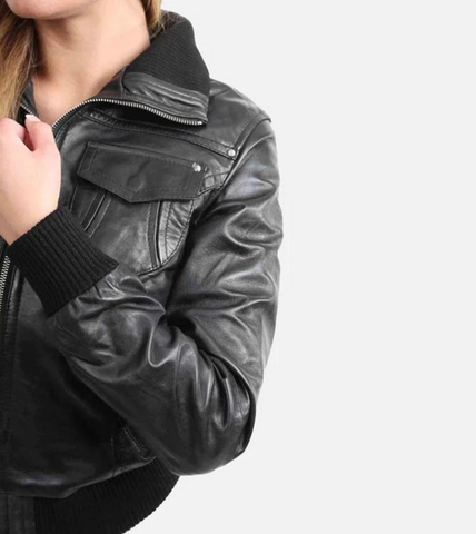 Women's Short Leather Bomber Jacket