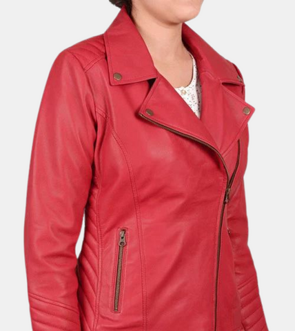 Hearste Red Biker's Leather Jacket For Women's
