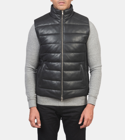 Men's Black Puffer Leather Vest