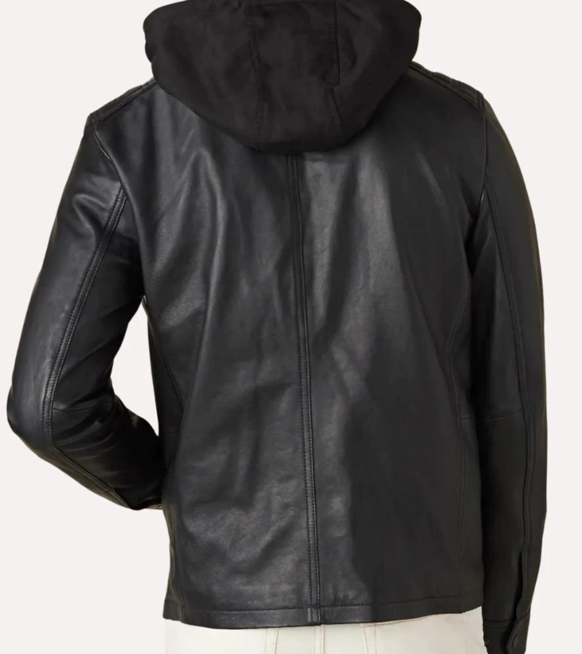 Sleek Black Hooded Men's Leather Jacket Back