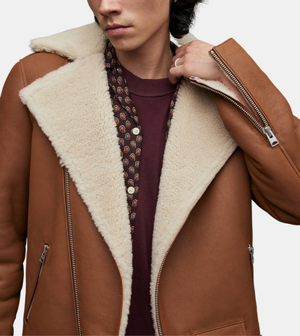  Brown Shearling Notched Collar Leather Jacket 