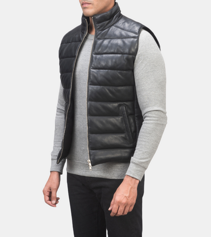 Black Puffer Leather Vest